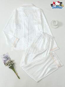 Sanrio Women's Satin Pajama Set, Hello Kitty Leopard Print Long Sleeve Top And Bow Long Pants Set - White - View 2