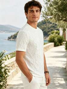 Men's 3D Letter Jacquard Crew Neck Short Sleeve T-Shirt - White - View 4