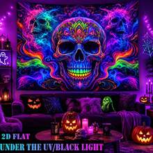 2D Flat, One-Piece QD_VIVIOS UV Fluorescent Reactive Tapestry, Suitable For Halloween, Featuring Skull And Mandala Patterns, A UV Blacklight Wall Hanging That Glows Under Ultraviolet Light - Multicolor - View 7