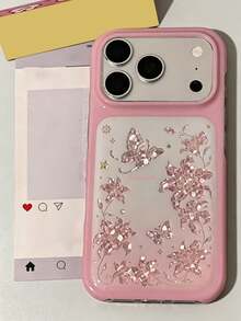 Luxury Pink Laser Floral Butterfly Illustration Shiny Rhinestone Sequin Pattern Phone Case, Compatible With IPhone 18 Pro Max 18 Pro 17 Pro Max 17 Pro 16 Pro Max 15 Pro Max 14 Pro Max 13 Pro Max 12 Pro Max 15 Plus 11, Summer Shiny Soft Back Cover - Flowers and Butterflies - View 4