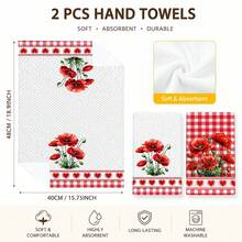 2pcs Red Poppy Kitchen Towels, Plaid And Polka Dot Floral Print With Heart Trim Hand Towels, Suitable For Kitchen, Oven Handles And Farmhouse Home Decor, Machine Washable Holiday Gift And Cleaning Supplies - Multicolor - View 6