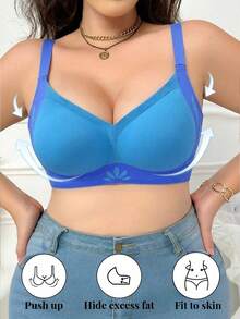 1pc Seamless Contrast Color Lift-Up Plus Size Wireless Push-Up Anti-Sagging Side-Boob Support Bra - Blue - View 5