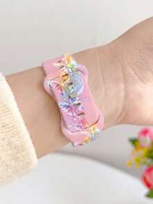 1pc Cute Pink Butterfly Silicone Strap, Compatible With Apple Watch Band 38/40/41/42/44/45/46/49mm 1-11 Series, Women Fashion Replacement Strap - Butterfly Style Pink - View 2