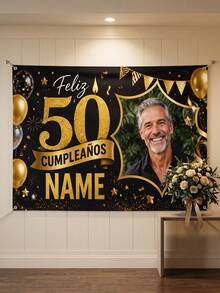 1pc - Customized Happy Birthday Backdrop, Customized Black & Gold Theme Printed Poster - Personalized Birthday Party Customized Photo And Name Poster - Suitable For Party Decorations, Birthday Gifts, Gallery Decor And Photo Props, Party Decorations, Unique Personalized Background Photography And Display, Party Decorations, Multi-Functional, Durable, Highly Decorative, Summer Holiday - Multicolor - View 3