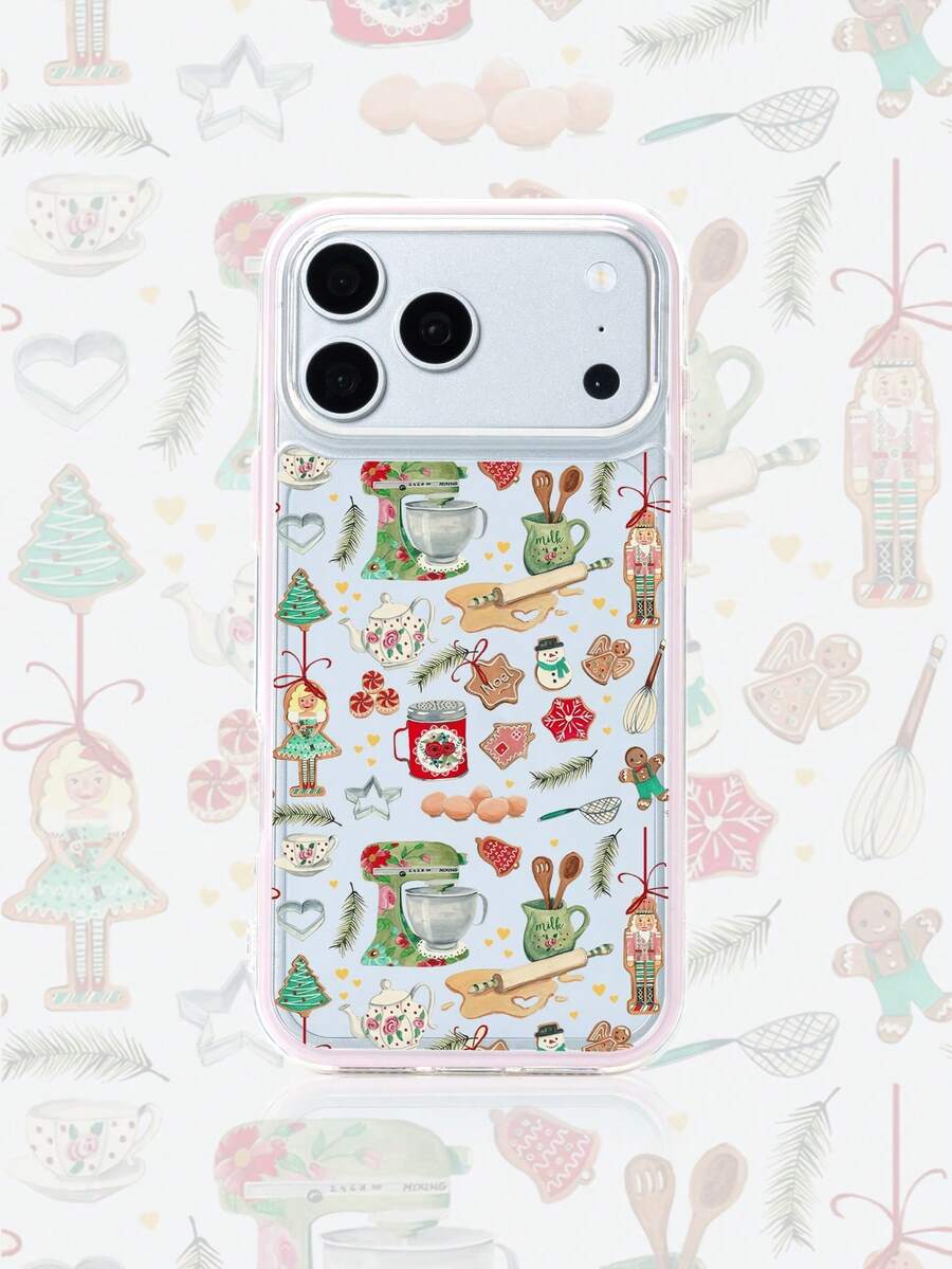 1pc Pink Frame Transparent Minimalist Lens Protection Anti-Drop Anti-Collision Christmas Gingerbread Man Egg Pattern Phone Case Personalized Suitable For IPhone 16 Pro Max/17/16/15/14/13/12/11 Protective Case Air Suitable For Samsung Series - Multicolor - View 1