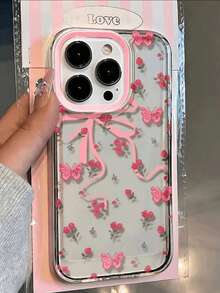 Full Screen Pink Floral Bow Phone Case Compatible With IPhone 17 Pro 16 Plus 14 13 12 11 Soft Shell Creative Cute Shockproof Protective Cover - Pink - View 4