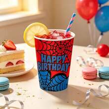 10pcs/20pcs/50pcs Halloween Spider Birthday Party Paper Cups, 9 Oz Disposable Cups Featuring A Red And Blue Spiderweb Pattern; Suitable For Halloween, Birthday Parties, And Day Of The Dead Celebrations. - Multicolor - View 5