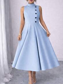 Elegant Sleeveless High Neck Midi Dress For Women, Side Button Detail, Chic Casual And Party Tailored Dress - azul bebe - 查看 7