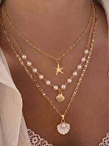 3pcs Summer Bohemian Style Faux Pearl Shell Pendant Multi-Layer Stackable Necklace Set, Suitable For Women Beach Vacation And Daily Wear, Coastal Style - Multicolor - View 1