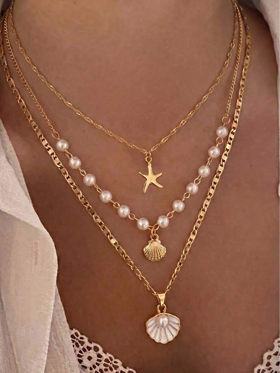 3pcs Summer Bohemian Style Faux Pearl Shell Pendant Multi-Layer Stackable Necklace Set, Suitable For Women Beach Vacation And Daily Wear, Coastal Style - Multicolor - View 1
