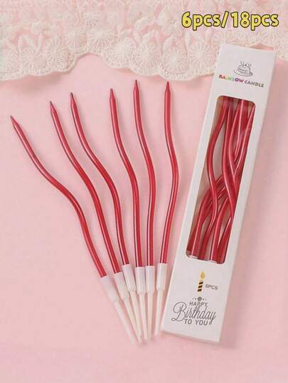 6 piezas/12 piezas Velas Rojas Curvas, Velas de Navidad, Velas del Día de San Valentín, Velas de Cumpleaños, Insertos de Decoración de Pastel de Cumpleaños, Decoración de Pastel de Cumpleaños, Decoración de Pastel, Suministros de Horneado, Decoración de Horneado