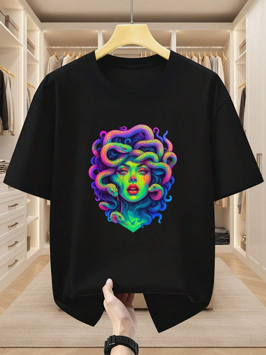 Herren-T-Shirt in Große Größen mit kurzen Ärmeln, 100% Baumwolle, mit modischem Medusa-Muster, Rundhalsausschnitt, bequem und lässig für den Sommer. - Schwarz - Übersicht 1