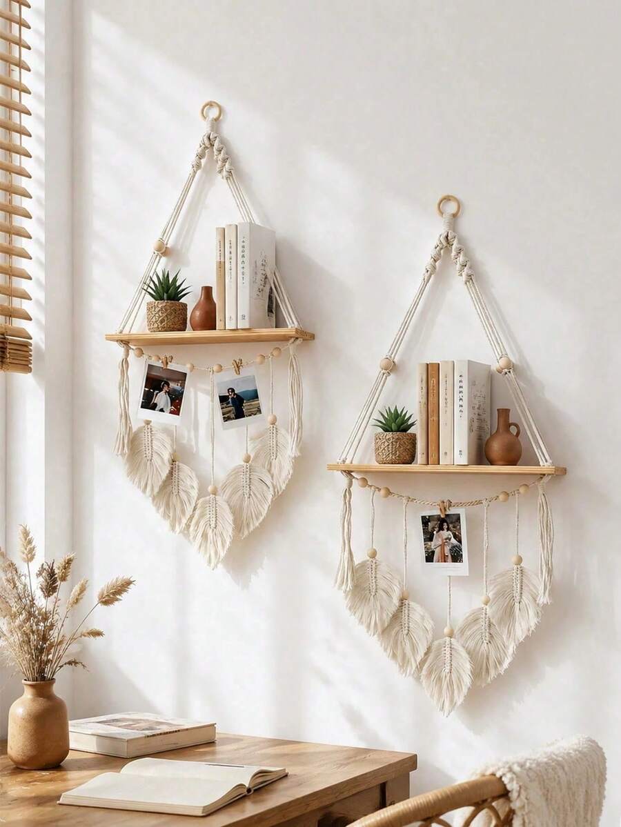 1 Peça Prateleira Suspensa de Parede com Borlas, Decoração Boêmia, Prateleira Flutuante de Madeira com Folha Tecida à Mão para Banheiro, Quarto, Sala de Estar, Berçário, Sem Clipes - Multicolorido - Visão 1