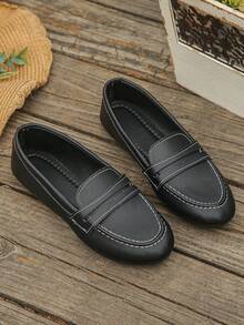Women's Casual Round Toe Slip-On Loafers, Black Lychee Textured Flat Shoes, Soft Comfortable Easy-On Daily Commute Driving Moccasins - Black Lychee Pattern - View 7