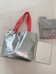 Niche Pleated Shiny Tote Bag, Neon Contrast Woven Handles, Eye-Catching Design, Side Drawstring Adjustable Shape, Large Capacity, Suitable For Daily Commute And Street Photography, Hot Girl Style - Silver - View 6