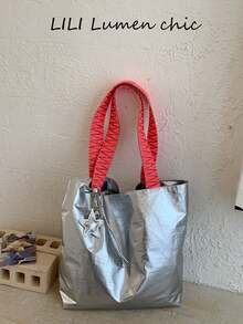 Niche Pleated Shiny Tote Bag, Neon Contrast Woven Handles, Eye-Catching Design, Side Drawstring Adjustable Shape, Large Capacity, Suitable For Daily Commute And Street Photography, Hot Girl Style - Silver - View 1
