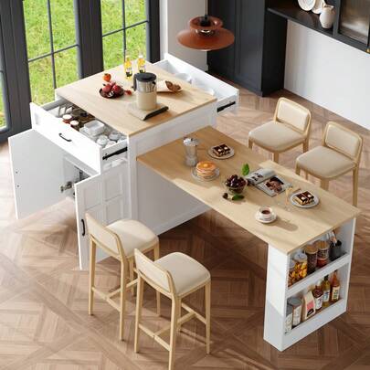 Extendable Bar Table With Storage (133-202 * 70 * 93.5), With Two Drawers And Four Compartments, Expandable Kitchen Island Table 2-6 People, Kitchen Dining Cart With Side Shelves, White.