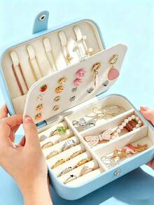 Portable Travel Jewelry Organizer Box, Suitable For Displaying Earrings, Necklaces, Pendants And Rings; Equipped With Double-Layer Ring Storage Area And Zippered Snap-Seal Compartment, Practical Storage Solution - Multicolor - View 15