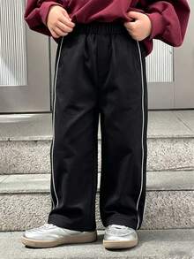 1件男童經典極簡百搭純色側條紋直筒休閒運動長褲 - 黑色 - 查看 3