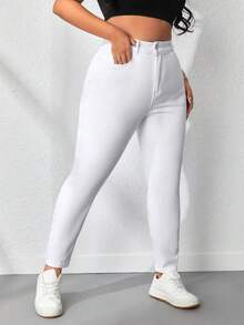 Plus Size White Slim Fit Jeans With Pockets, High Stretch Fabric, Suitable For Casual Autumn Wear - White - View 2