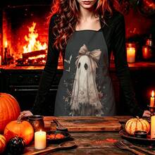 1pc Halloween Lace Ghost Print Apron, Featuring Bow Ghost, Withered Leaf, Bat, Spider Web Patterns, Durable Cooking Apron Suitable For Bakers, Cake Decorators, BBQ Enthusiasts, Gardeners, Painters, Nail Artists - Perfect Gift For Home And Professional Chefs - Multicolor - View 1