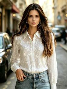 Women's Floral Embroidered Semi-Sheer Shirt Collar Blouse, Long Sleeve Front Button Polyester Top, Suitable For Bohemian Style Autumn Outfit - White - View 5