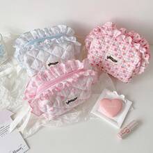 1pc Sweet Floral Quilted Ruffle Trim Kids Toiletry Makeup Bag, Girl Fabric Quilted Storage Bag, Portable Toiletry Bag, Travel Cosmetic Organizer - Multicolor - View 2
