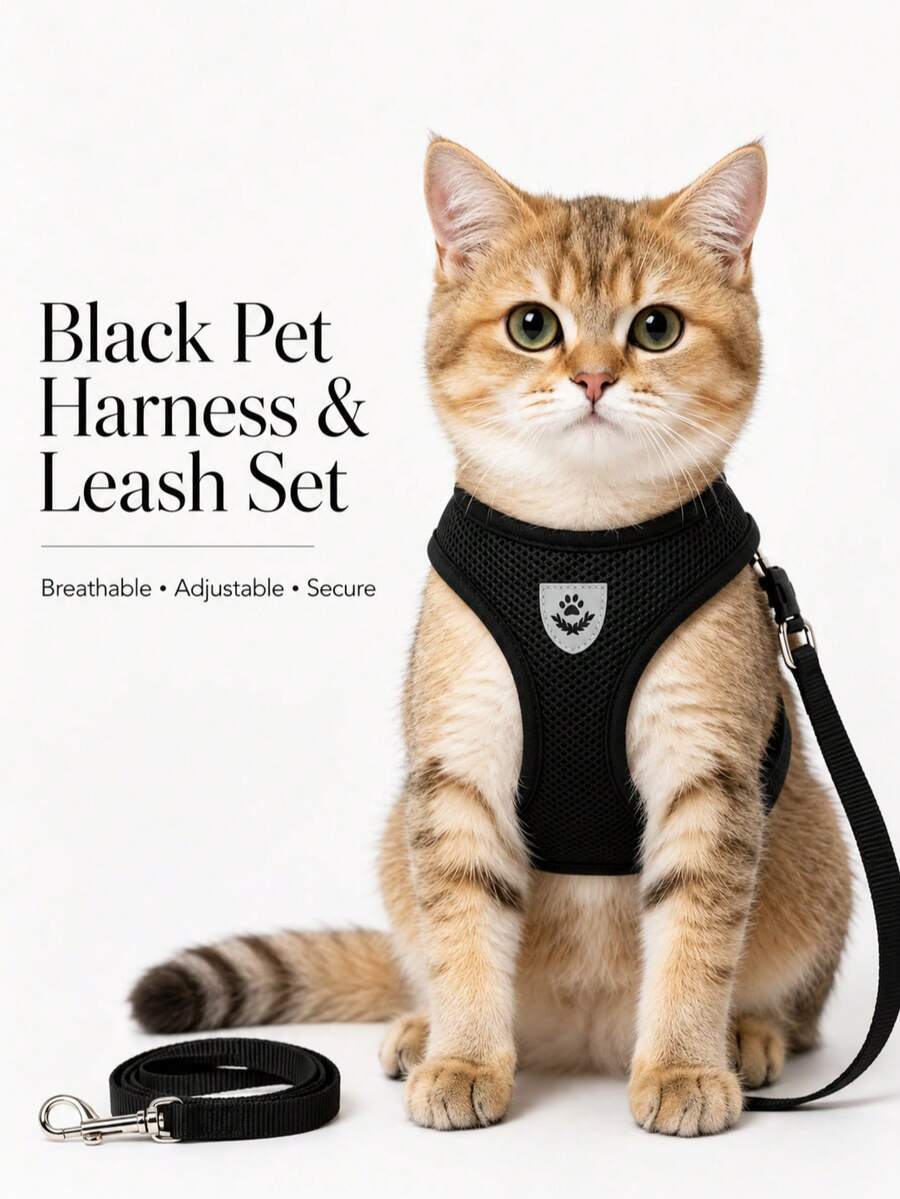 1PC Cat Harness And Leash For Walking, Anti-Escape Soft Adjustable Cat Vest Harness, Easy Control Breathable Reflective Striped Jacket, Black