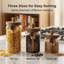 3 Pcs Multi-Size High Borosilicate Glass Spice Jars Set, Airtight Seasoning Containers With Wooden Lids & Unique Side Spoon Holder, Moisture-Proof Storage Canisters For Sugar, Coffee & Salt - Clear - View 6