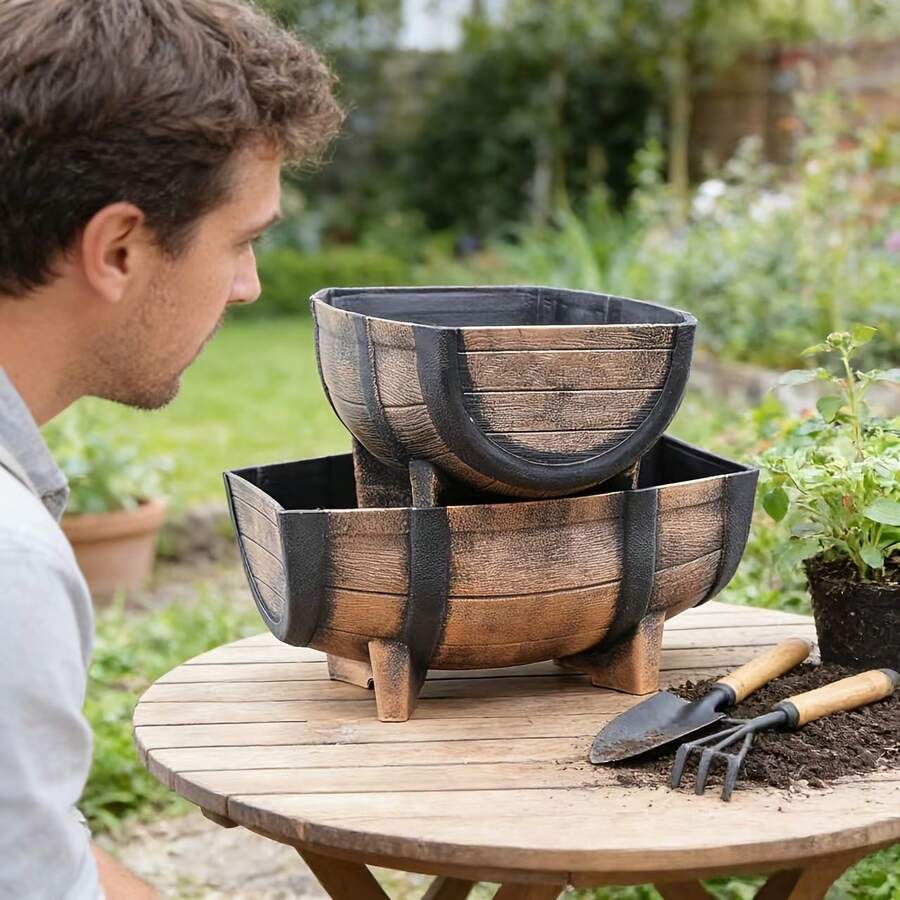 1 Set Flower Pots [Balcony Landscape Dedicated Flower Pots] Vintage Style, Suitable For Planting Green Plants/Flowers/Succulents, Durable And Sun-Resistant, Suitable For Outdoor Use, Home Decor Gardening Gift - Black+Brown - View 1