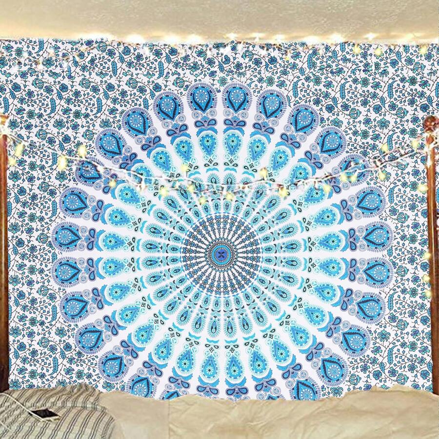 Bless International Hippie Bohemian Peacock Mandala Tapestry – Sky Blue Peacock Design - Multicolor - View 1
