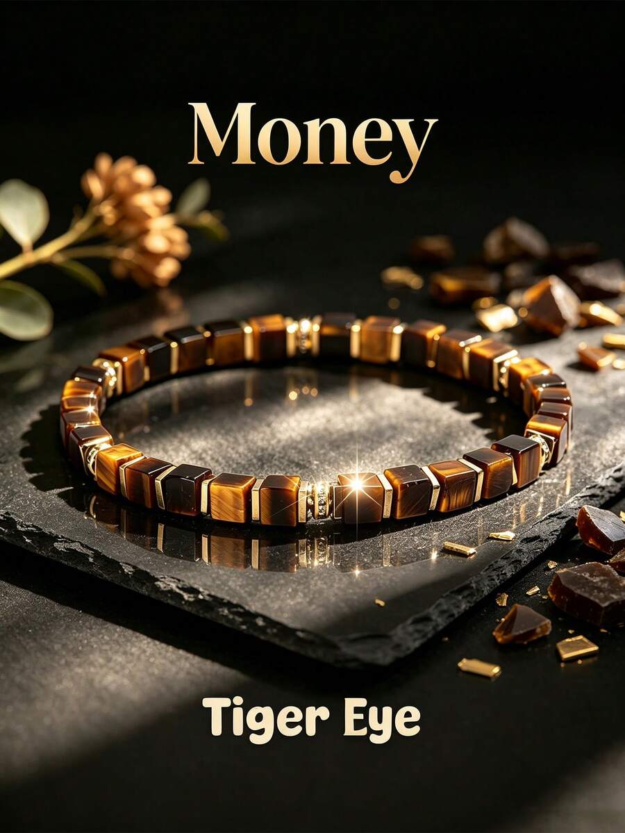 1pc "Wealth-Attracting" Tiger Eye Energy Stone Bracelet, Meaningful Good Luck Amulet Men's Jewelry Gift - Multicolor - View 1