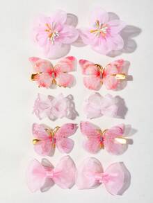 10pcs Kids Girls Pink Fairy-Style Double Layer Mesh Flower Bow Rhinestone Embellished Gradient Butterfly Hair Clips Cute Hair Accessories Hairpins Side Clips For Back To School And Daily Wear - Multicolor - View 5