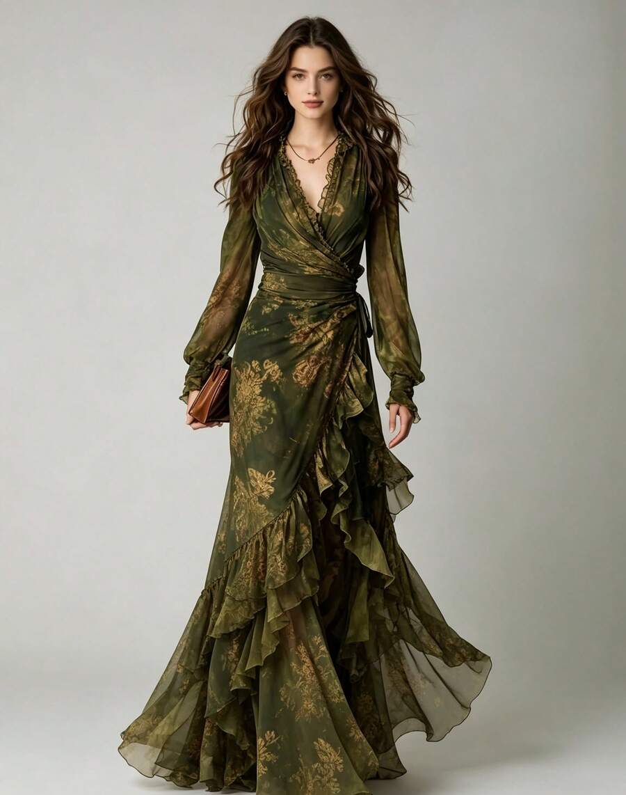 Women Long Dresses - Dark Green - View 1