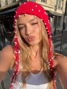 1pc Women's Spring Summer Autumn Knitted Hat, Vintage Handmade Hollow Crochet Pearl Tassel Beanie, Atmospheric Versatile Knitted Hat, Niche Personalized Lace Hat, Suitable For Outfit, Photography, Travel, Daily Use - Beanie - View 2