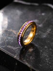 1pc Stainless Steel Gold Ring, Pave Set Colorful Square Rhinestone Thin Band, Versatile Accessory For Daily Wear, Date And Party - Multicolor - View 18