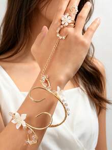 1pc New Floral Pearl Arm Bracelet Women's Exaggerated Geometric Asymmetrical Open Cuff Bracelet Arm Ring Finger Chain - Multicolor - View 6