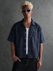 HOMIIE Men Navy Blue Boxy Short Sleeve Shirt, Chest Pocket, Button Up Casual Streetwear Top For Spring, Autumn, Daily, Vacation And Back To School - Navy Blue - View 7