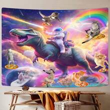 "Astronaut Riding A Dinosaur" Tapestry, Japanese-Style Wall Decor, Aesthetic Bedroom Decoration, Fun Cat Tapestry For Kids - Multicolor - View 6
