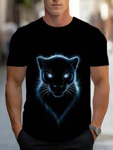 Men's Plus Size Short Sleeve T-Shirt With Light Blue Leopard Print - Casual Short Sleeve Party Clothing - Washable Print - 黑色 - 查看 1