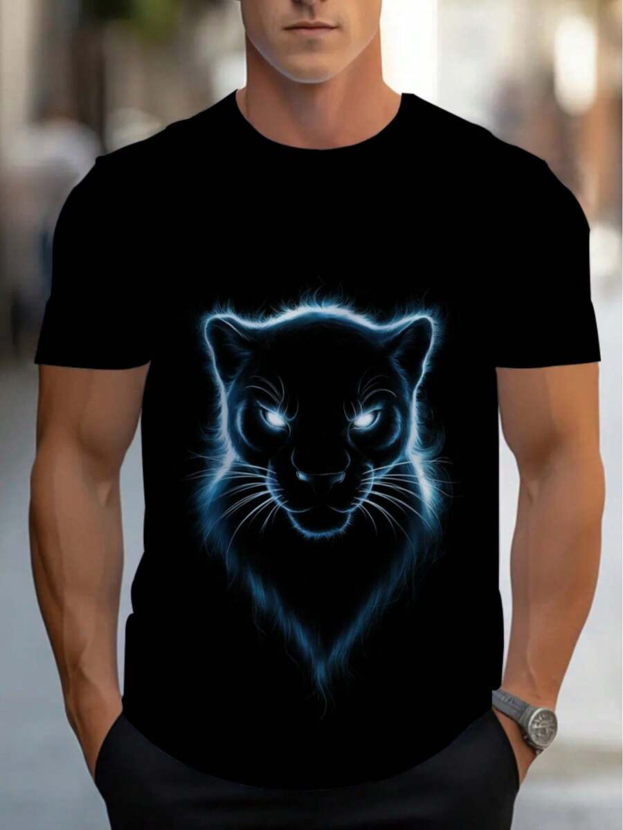 Men's Plus Size Short Sleeve T-Shirt With Light Blue Leopard Print - Casual Short Sleeve Party Clothing - Washable Print - 黑色 - 查看 1