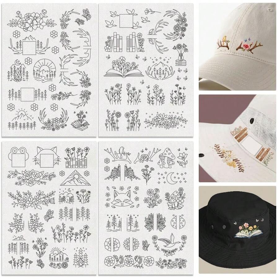 LAMYA Hand-Drawn Embroidery Motifs. Minimalist Nature Sketches For Customizing Caps & Totes. The Perfect Slow-Stitching Project For Your Weekend.