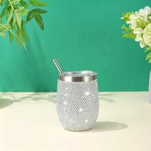 12oz Sparkling Rhinestone Straw Cup With Lid, 304 Stainless Steel Double-Wall Vacuum Insulated Wine Egg Cup, Travel And Vacation Essential - Multicolor - View 4