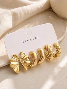 3-12 Pairs Gold Flower Earrings And Thick Hoop Earrings Set, Vintage High-End Women's Fashion Accessories, Suitable For Party, Date, Vacation - Gold - View 3
