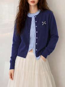 Women's Autumn/Winter Minimalist Casual Solid Color With Inner Striped 2 In 1 Cardigan Knit Sweater Jacket - Navy Blue - View 4