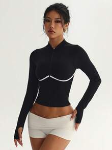 Curved Contrast Stitch Zipper Short Fitness Jacket, Slim Fit Long Sleeve Thumb Hole Sports Outerwear - Black - View 9