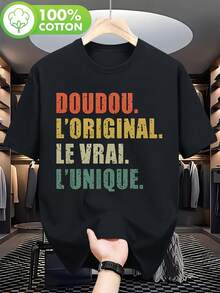 Camiseta casual de hombre Doudou original y única _ Patrón de texto francés multicolor, transpirable y cómoda, con cuello redondo y manga corta, para - Negro - Ver 1