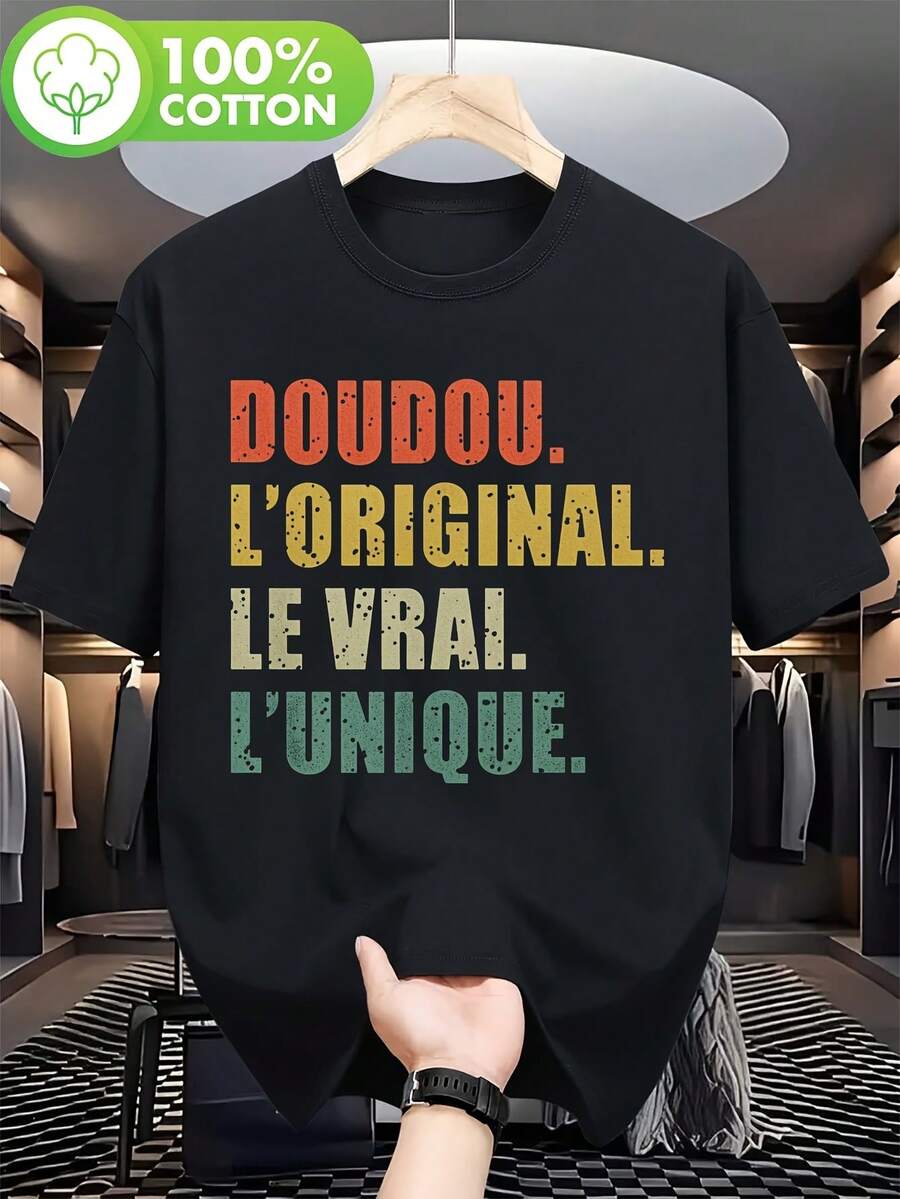 Camiseta casual de hombre Doudou original y única _ Patrón de texto francés multicolor, transpirable y cómoda, con cuello redondo y manga corta, para - Negro - Ver 1