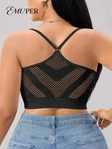 1pc Plus Size Seamless Mesh Hollow Out Breathable Women's Bra And Underwear, Comfortable Backless Seamless Plus Size Bra And Camisole - Black - View 1