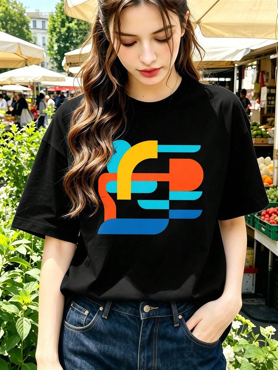 Spring Style Abstract Graphic Cotton T-Shirt, Hip Hop Street, Breathable, Graphic Design - Black - View 1